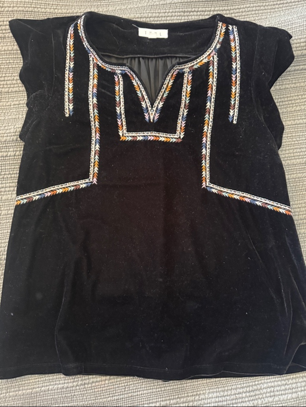 THML Black Velvet Embroidered Cap-Sleeve Blouse